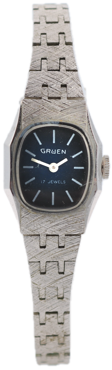 Vintage Gruen Linen Blue Dial Ladies Mechanical Wristwatch 1200T White Gold Tone