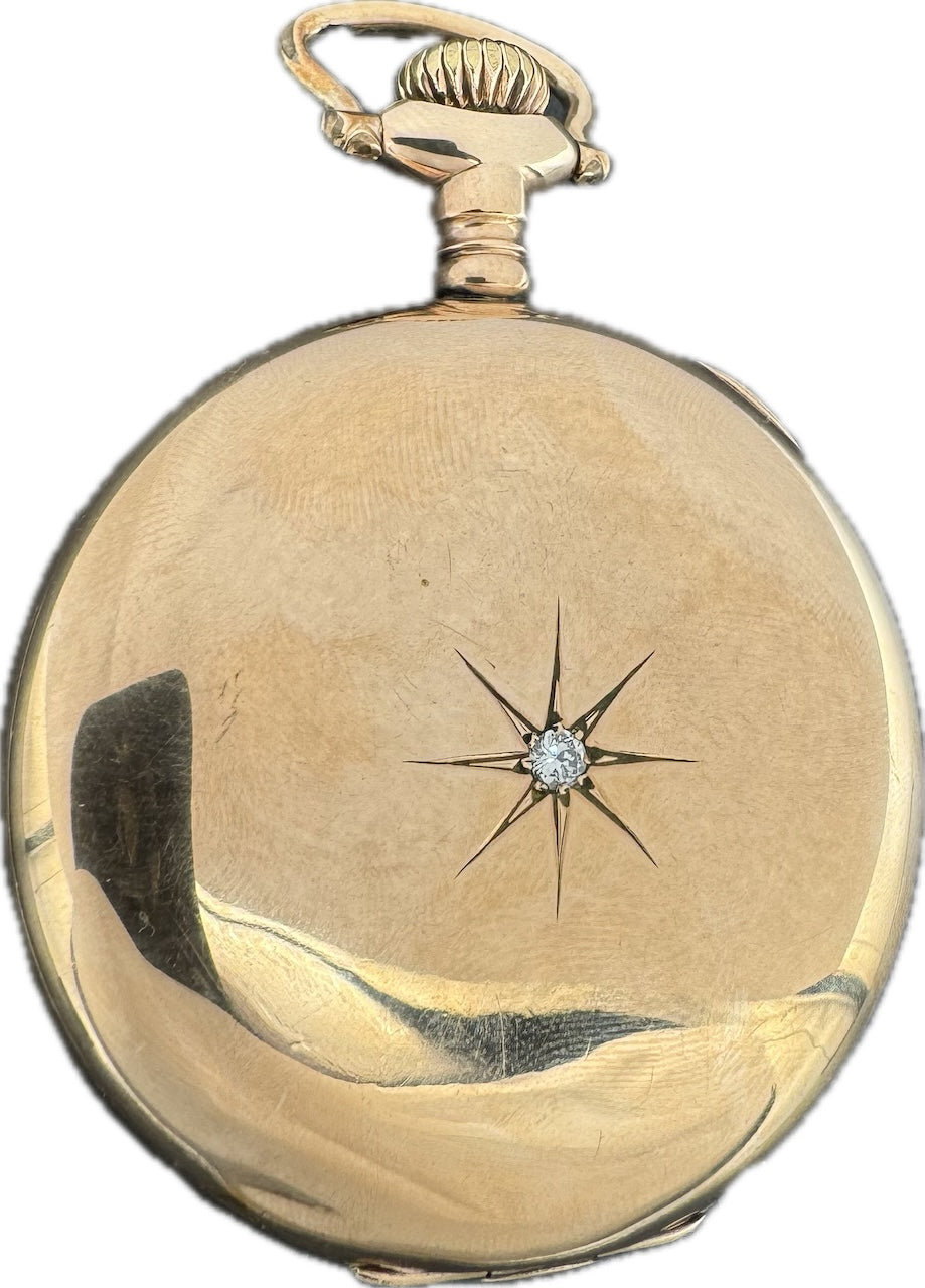 Antique 16S Burlington 3-Finger Bridge Pocket Watch 106 14k GF with Diamond