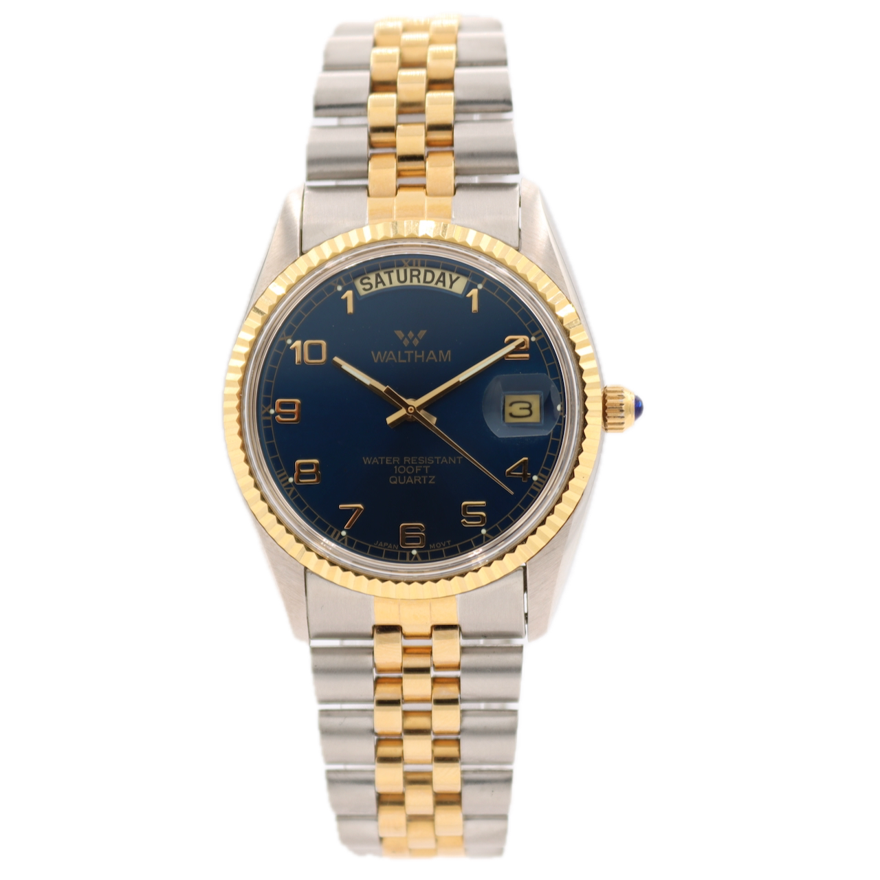 Vintage 36mm Waltham XK032 Day Date Men's Quartz Wristwatch Japan Blue Dial