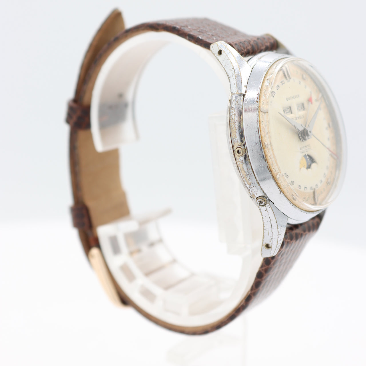 Vintage Bucherer 4423 Triple Date Men's Automatic Wristwatch Swiss Chrome Rare