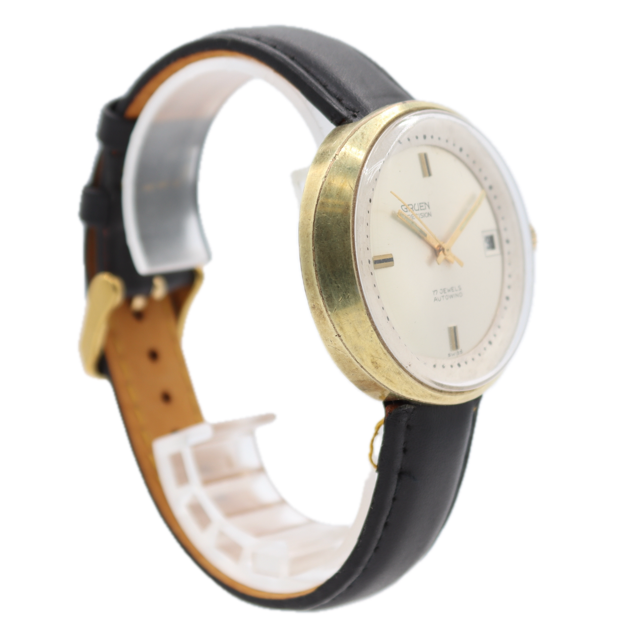 Vintage Gruen Precision UFO Men's Automatic Wristwatch Gold Tone Sunburst Date