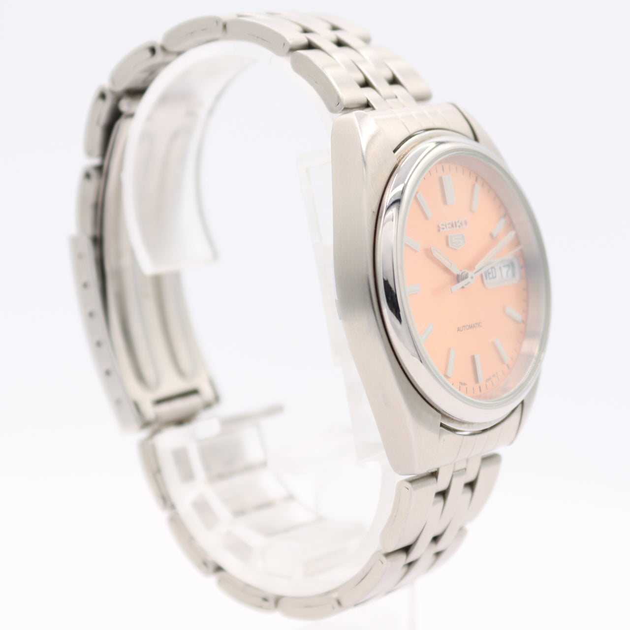 Vintage 36mm Seiko 5 Spanish Day Date Salmon Men's Automatic Wristwatch Steel