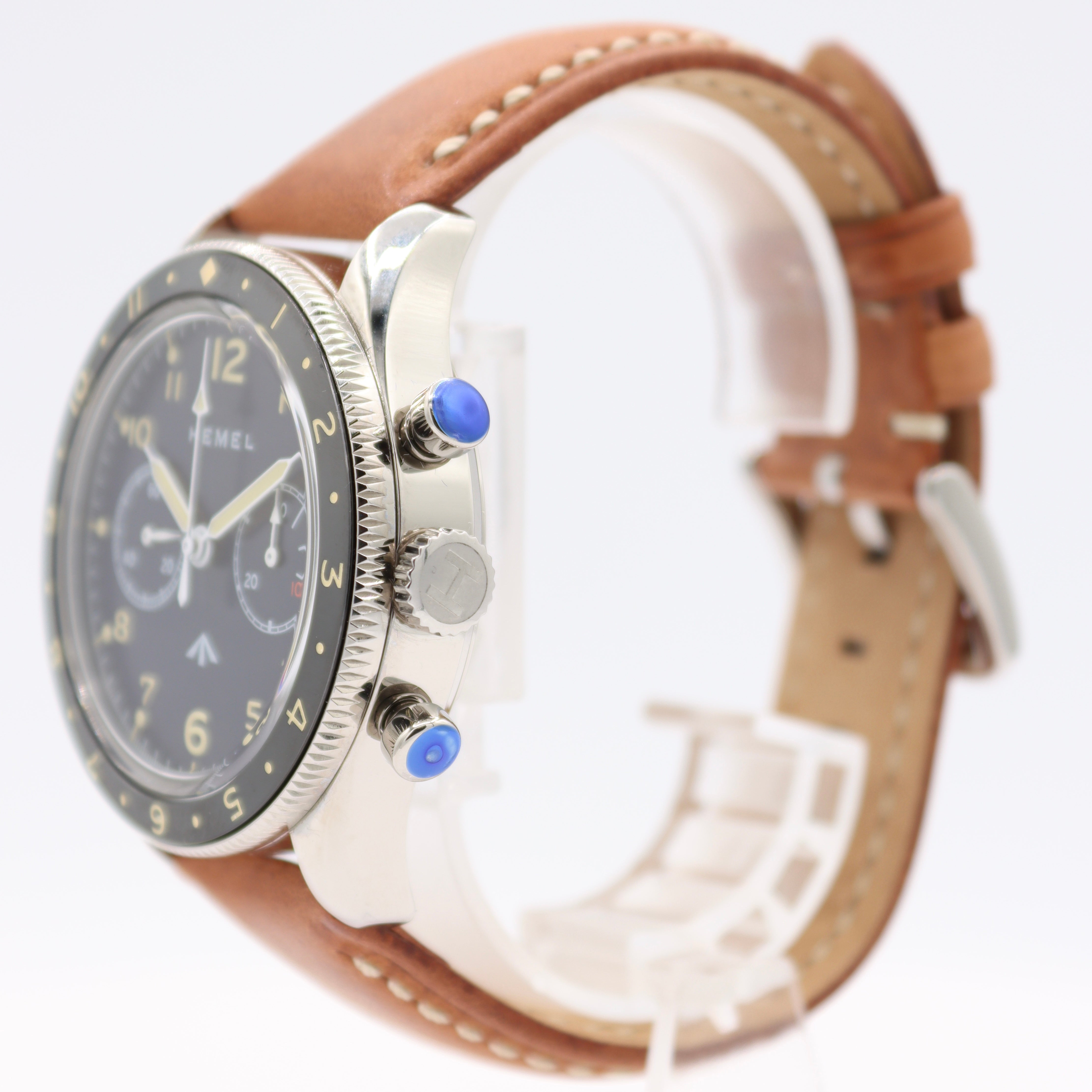 42mm Hemel HF25 Airfoil Men's Chronograph Wristwatch USA Steel Black Dial W/ Box