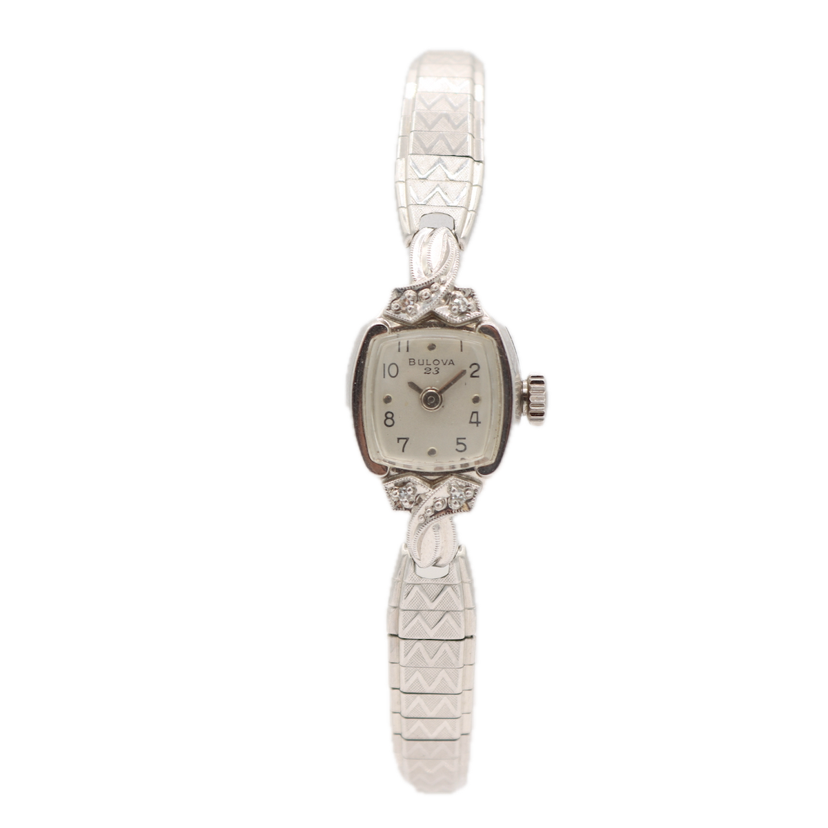 Vintage 1965 Bulova Diamonds 23JLadies Mechanical Wristwatch 5AT 10k White RGP
