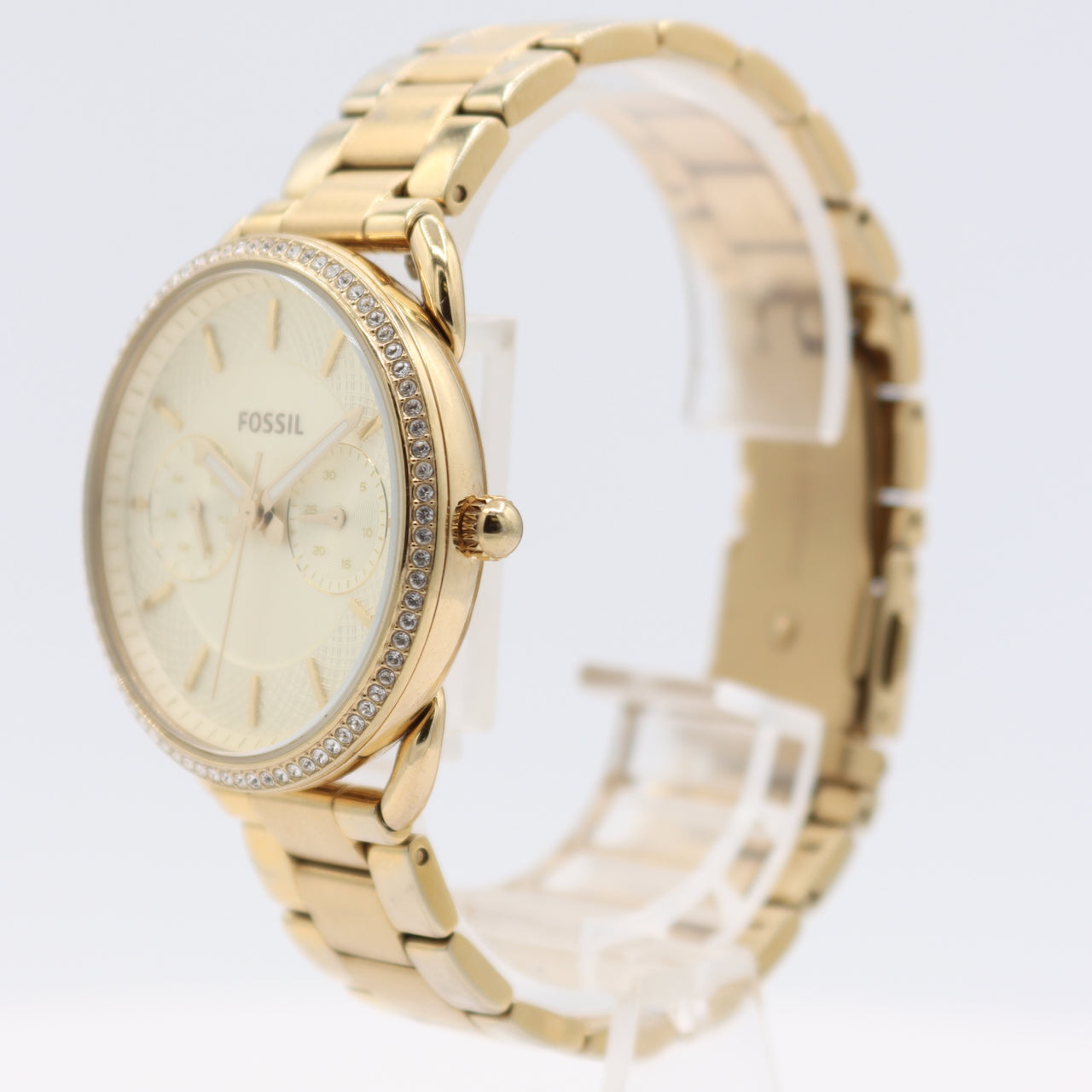34mm Fossil ES4263 Tailor Gold Ladies Quartz Wristwatch Gold Tone Crystal Bezel