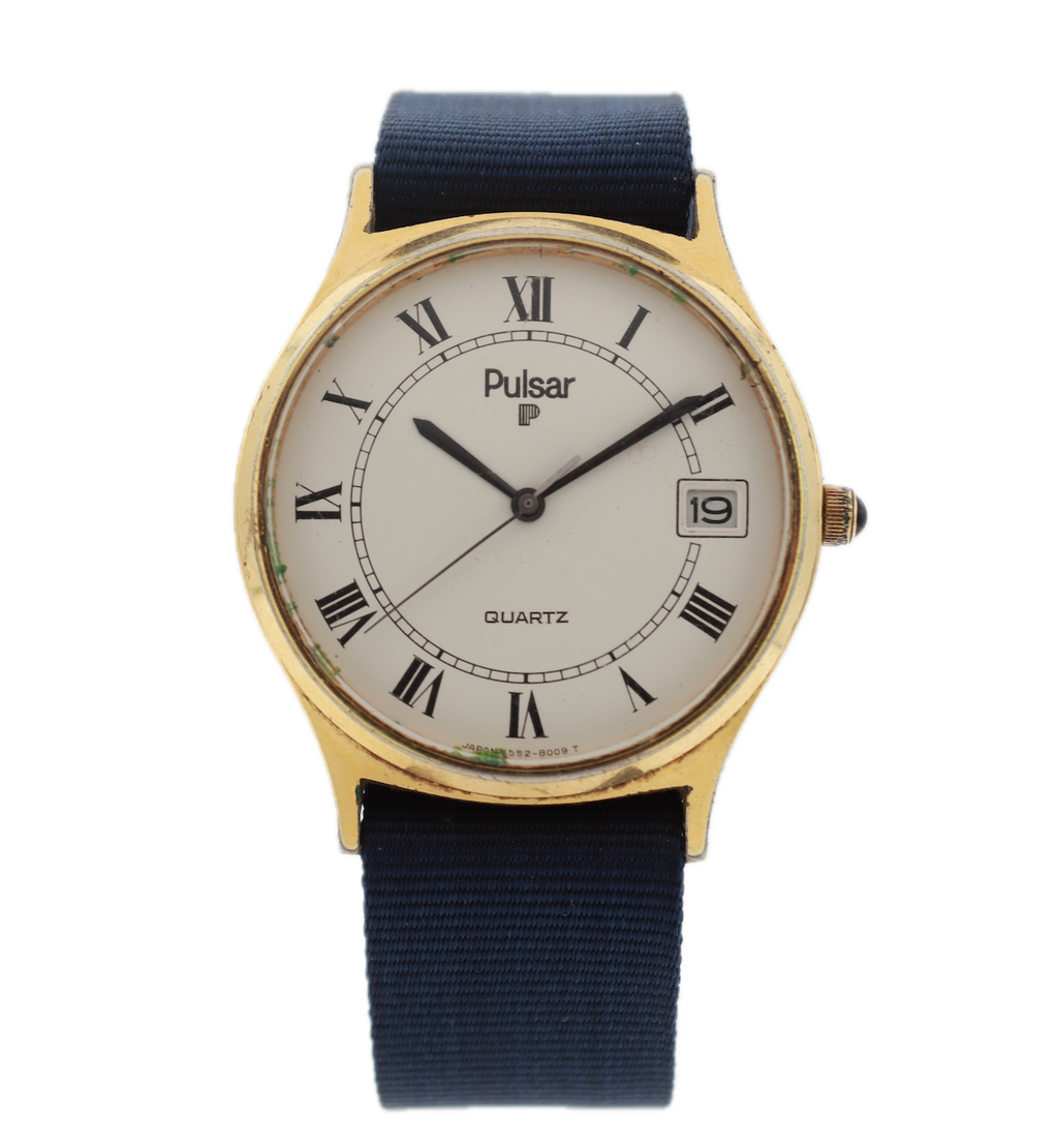 Vintage Pulsar Y552-8009 Roman Dial Date Men's Quartz Wristwatch Japan
