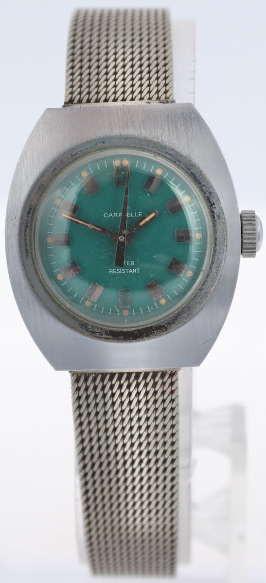Vintage 1973 Caravelle Green Tonneau Ladies Mechanical Wristwatch Japan