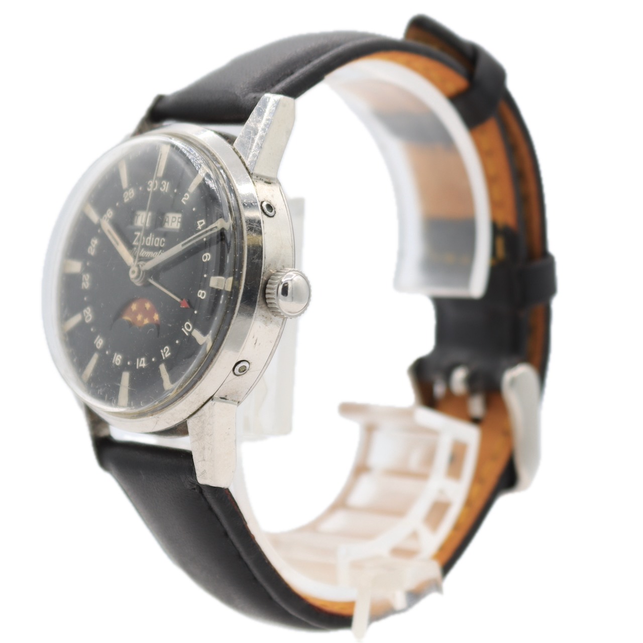 Vintage 34mm Zodiac Triple Date Moonphase Men's Automatic Wristwatch 74 Steel