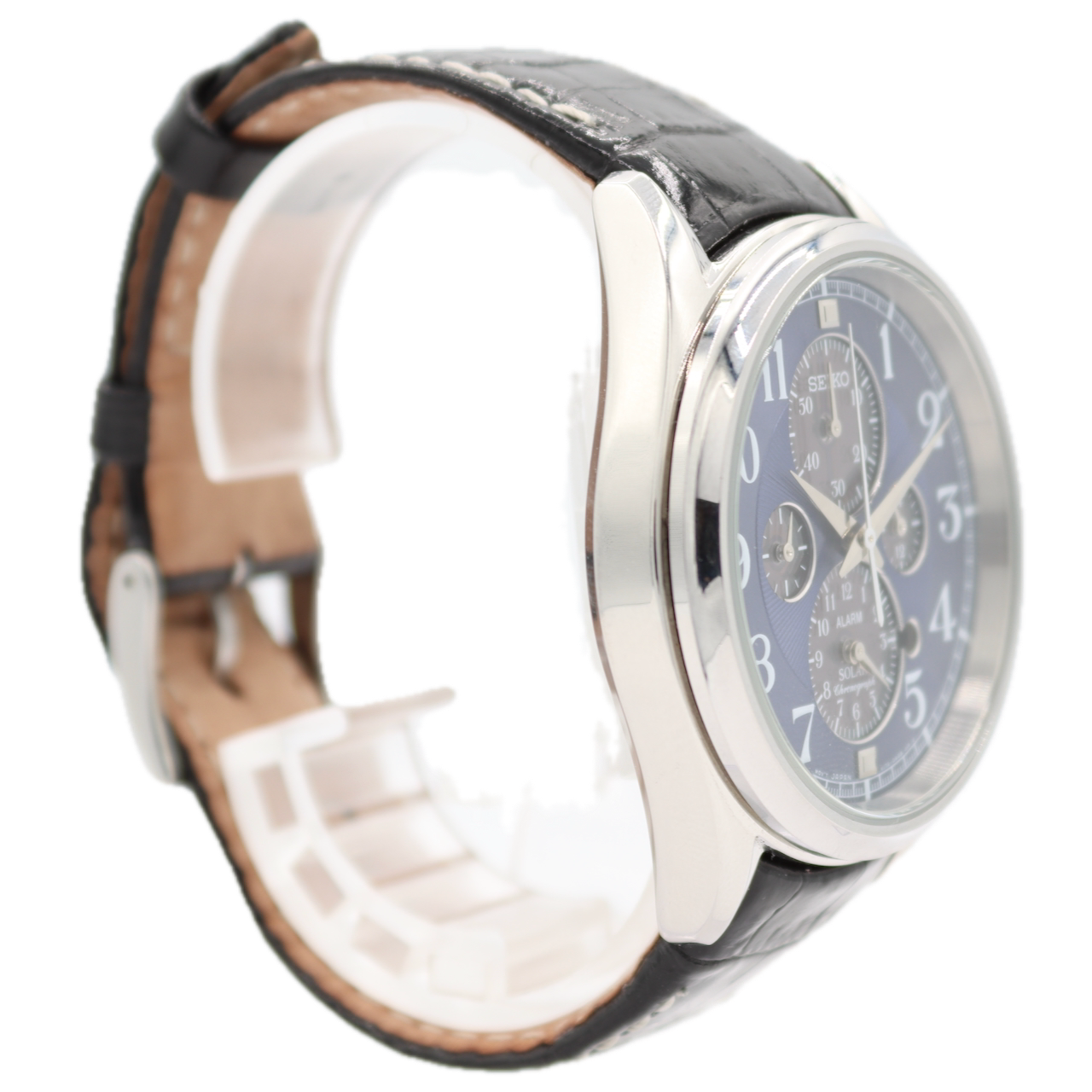 42mm Seiko V174-0AF0 Solar Chronograph Men's Quartz Wristwatch Steel Alarm