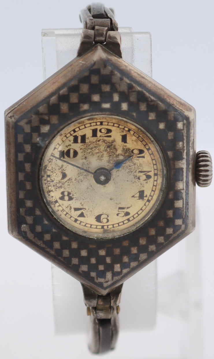 Vintage Niello Checkerboard Hexagon Ladies Mechanical Wristwatch .800 Silver