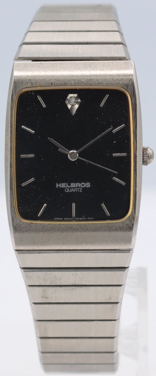 Vintage Helbros Black & Diamond Dial Ladies Quartz Wristwatch Japan Gold Tone