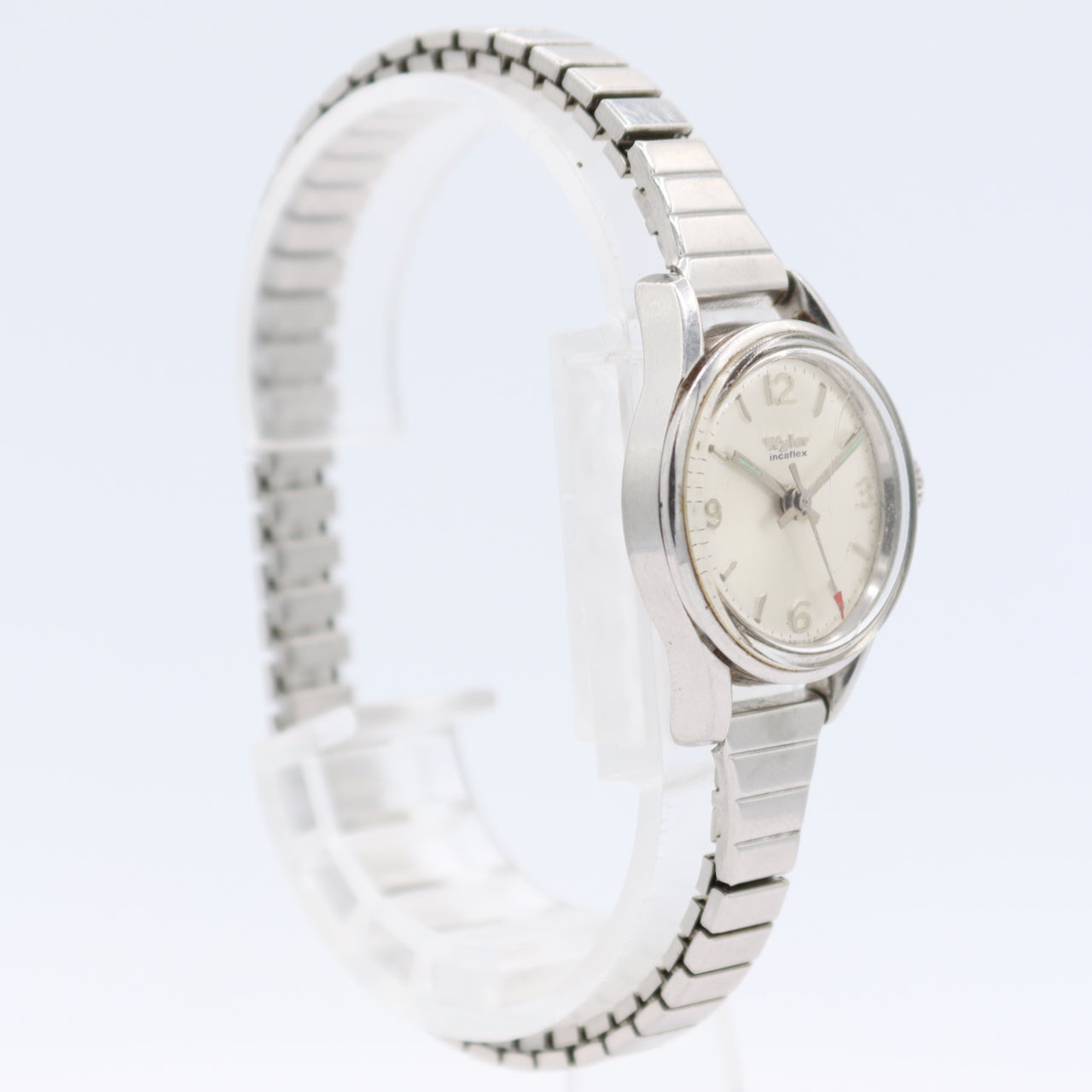 Vintage 23mm Wyler Sunburst Red Pointer Ladies Mechanical Wristwatch Swiss Steel