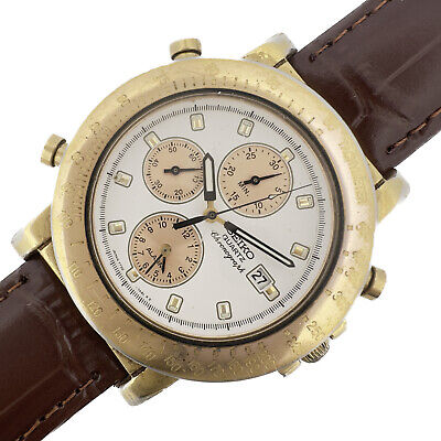 Vintage Seiko Men's Quartz Chronograph Wristwatch 7T32-7A8A w Salmon Sub Dials