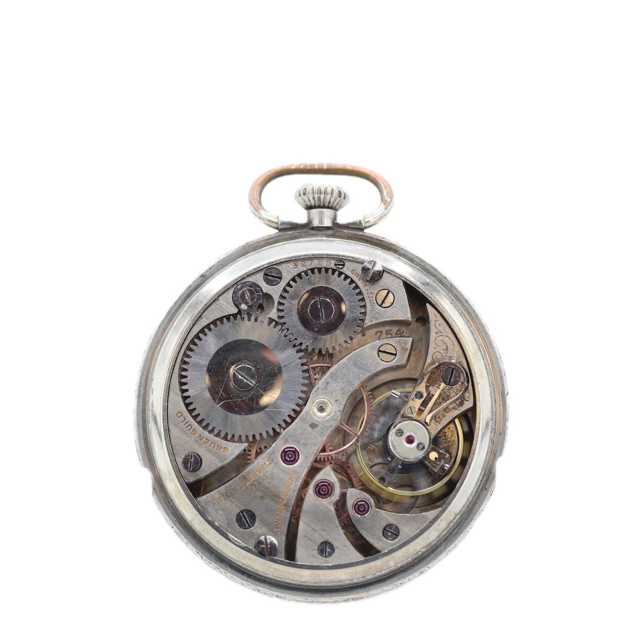 Antique Gruen SemiThin Mechanical Pocket Watch 754 14k GF Engraved Dial Deco