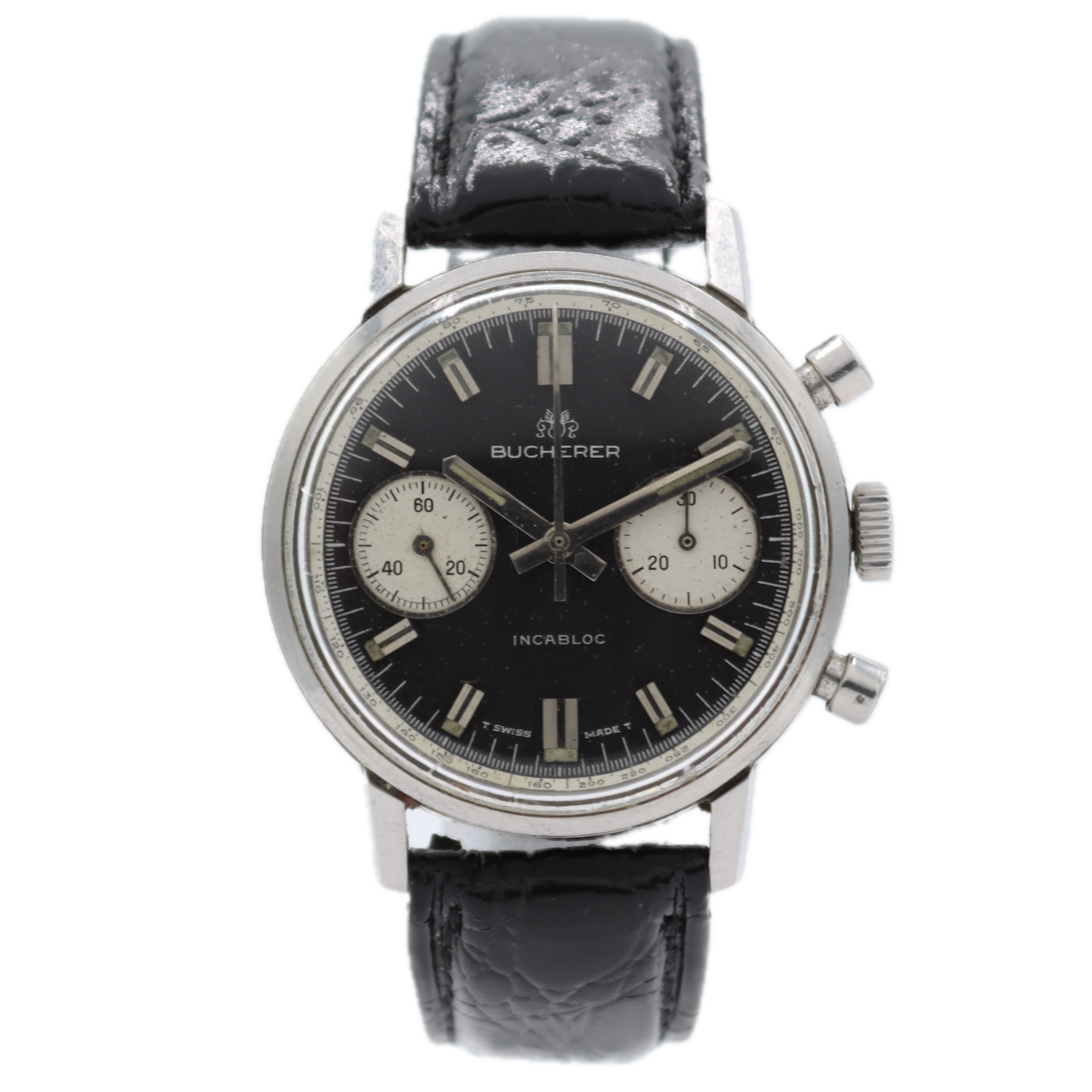 Vintage 35.5mm Bucherer Reverse Panda Dial Men's Chronograph Wristwatch Steel