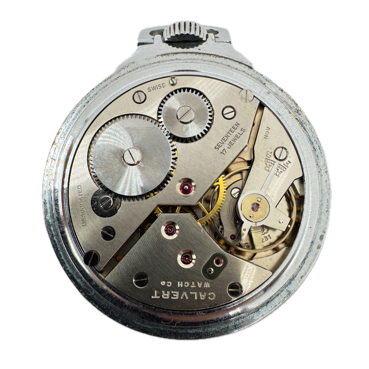 Antique 51mm Calvert 17 Jewel Mechanical Pocket Watch Unitas 231 Chrome Plated