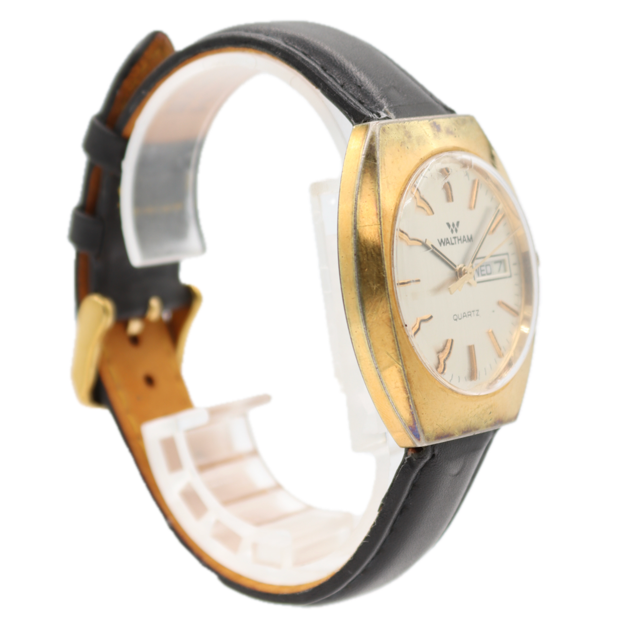 Vintage 36.5mm Waltham Day Date Silver Dial Men's Quartz Wristwatch Gold Tone