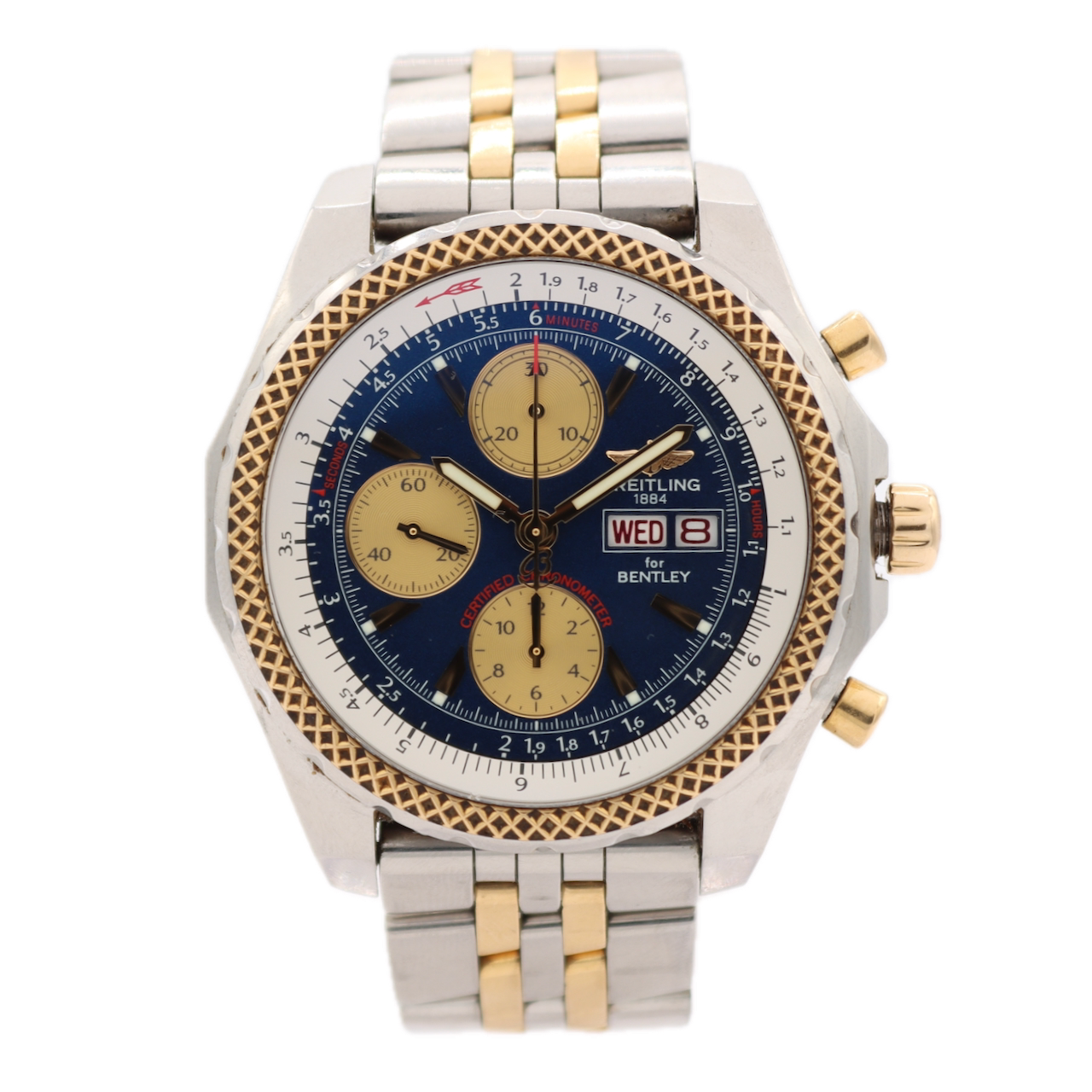 47mm Breitling D13362 Bentley GT Men's Chronograph Wristwatch Steel & 18k Gold