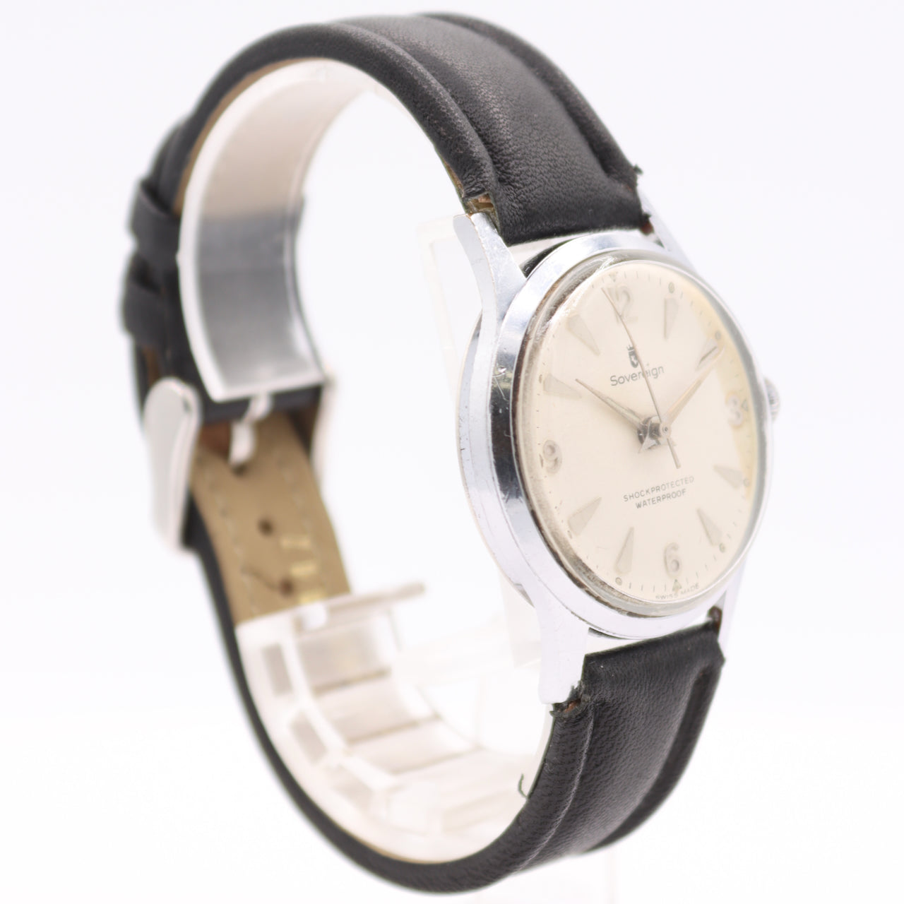 Vintage 34mm Sovereign Shock Protected Men's Mechanical Wristwatch Swiss Chrome