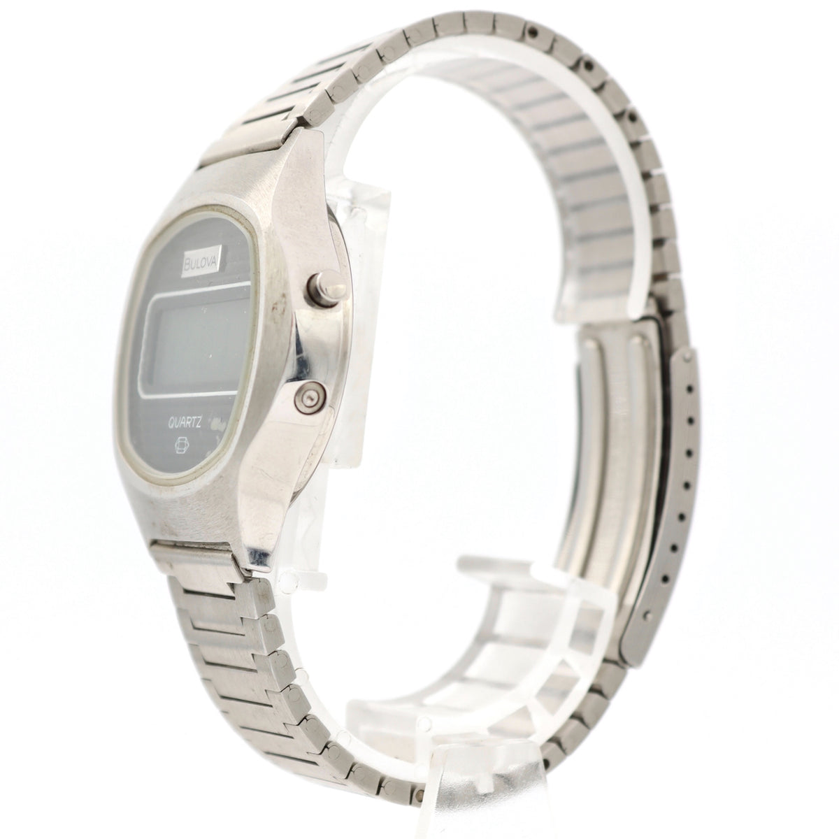 Vintage 37mm Bulova Quartz Men's Digital LCD Wristwatch Swiss Steel w Bracelet