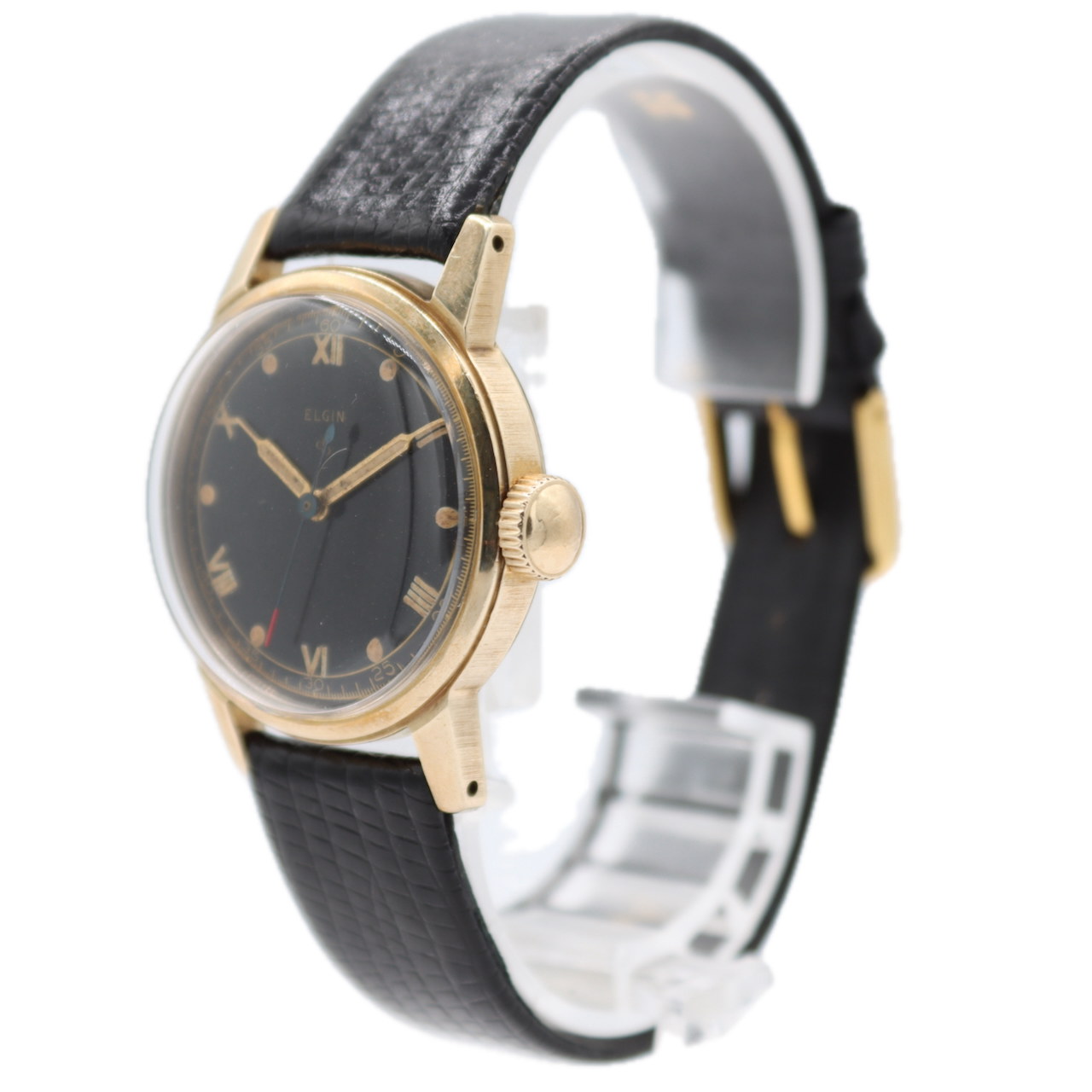 Vintage 1947 Elgin 6619 Black Men's Mechanical Wristwatch 539 10k Gold Bezel