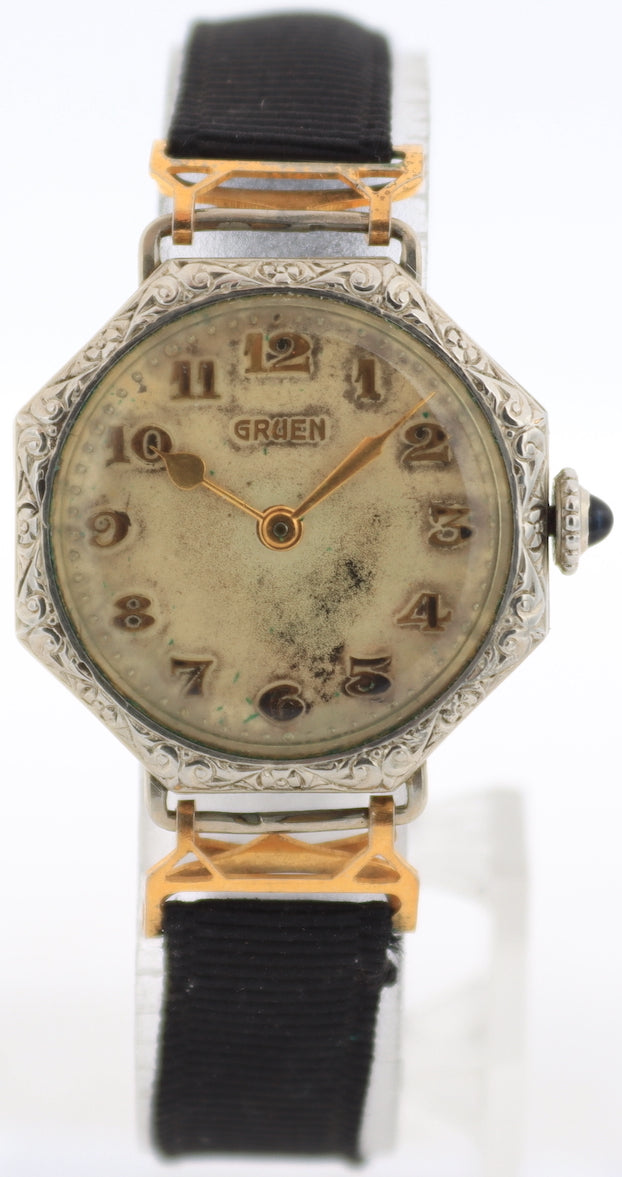 Vintage Gruen Octagonal Deco Ladies Mechanical Wristwatch 885 14k White GF