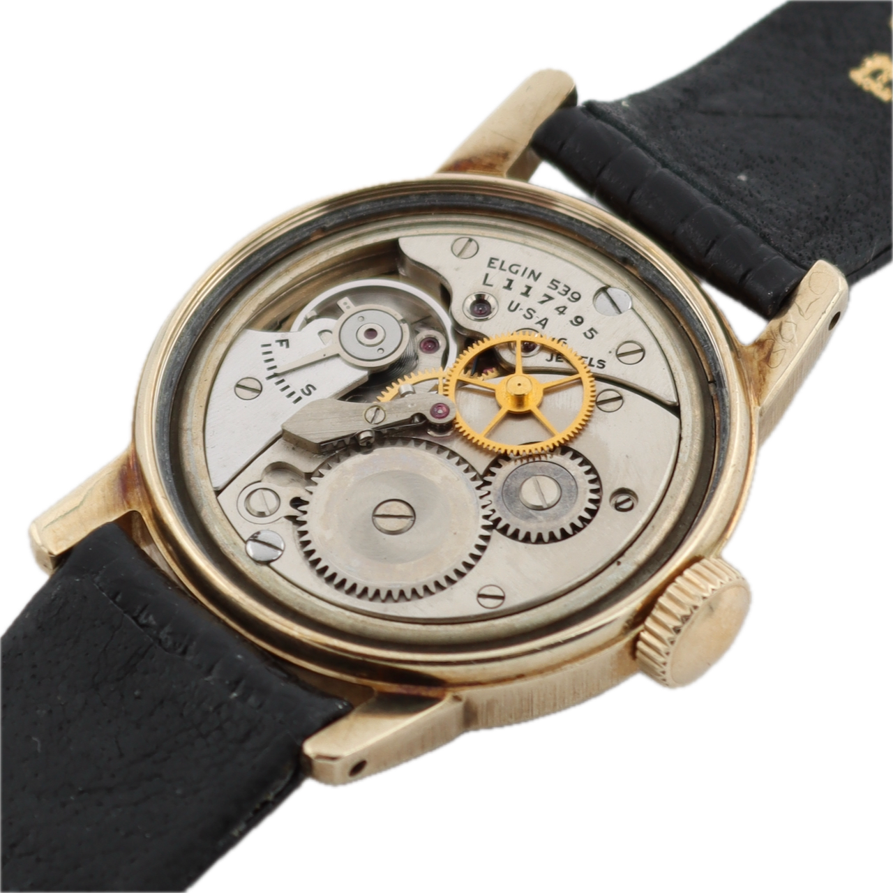 Vintage 1947 Elgin 6619 Black Men's Mechanical Wristwatch 539 10k Gold Bezel