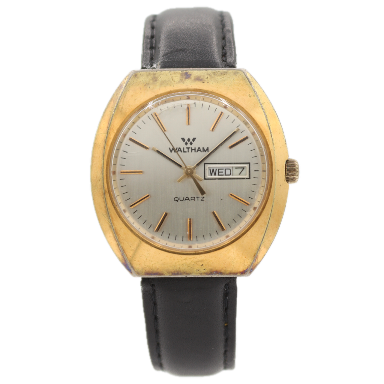 Vintage 36.5mm Waltham Day Date Silver Dial Men's Quartz Wristwatch Gold Tone