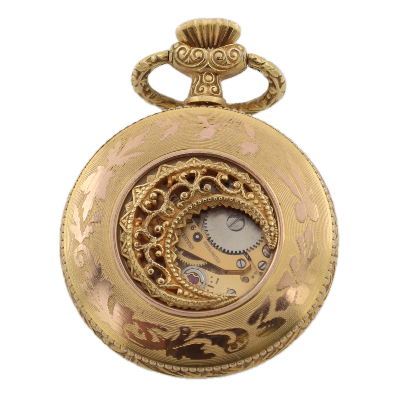 Vintage 7s Elgin Elegant Moon Mechanical Pocket Watch Floral Gold Tone Swiss
