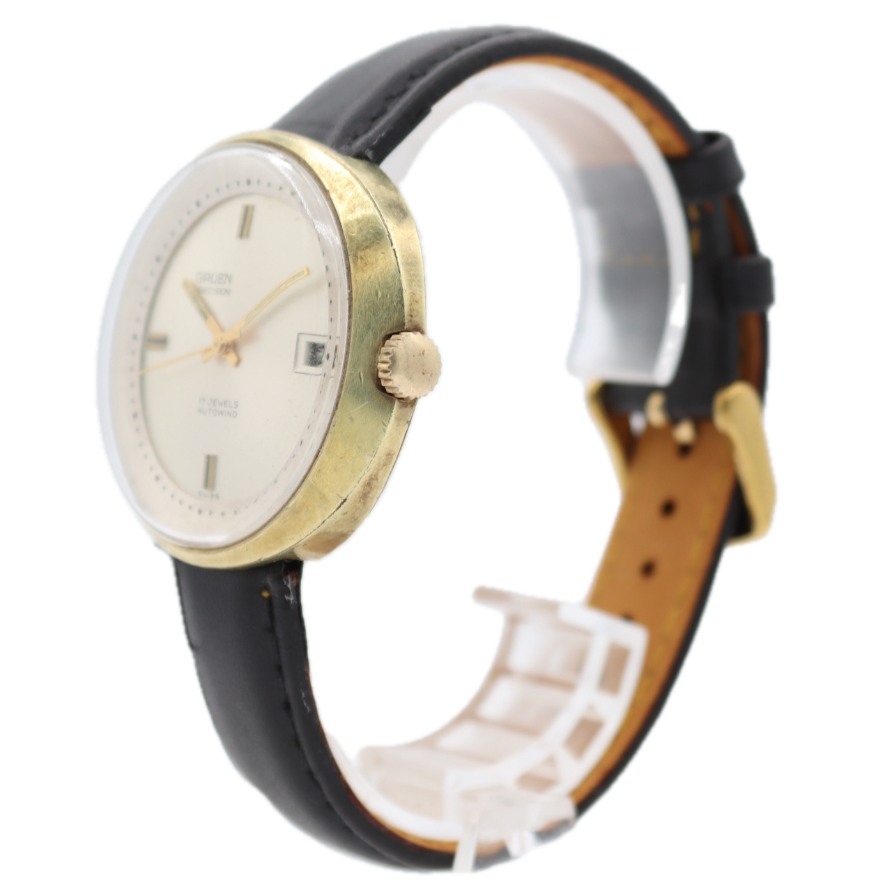 Vintage Gruen Precision UFO Men's Automatic Wristwatch Gold Tone Sunburst Date