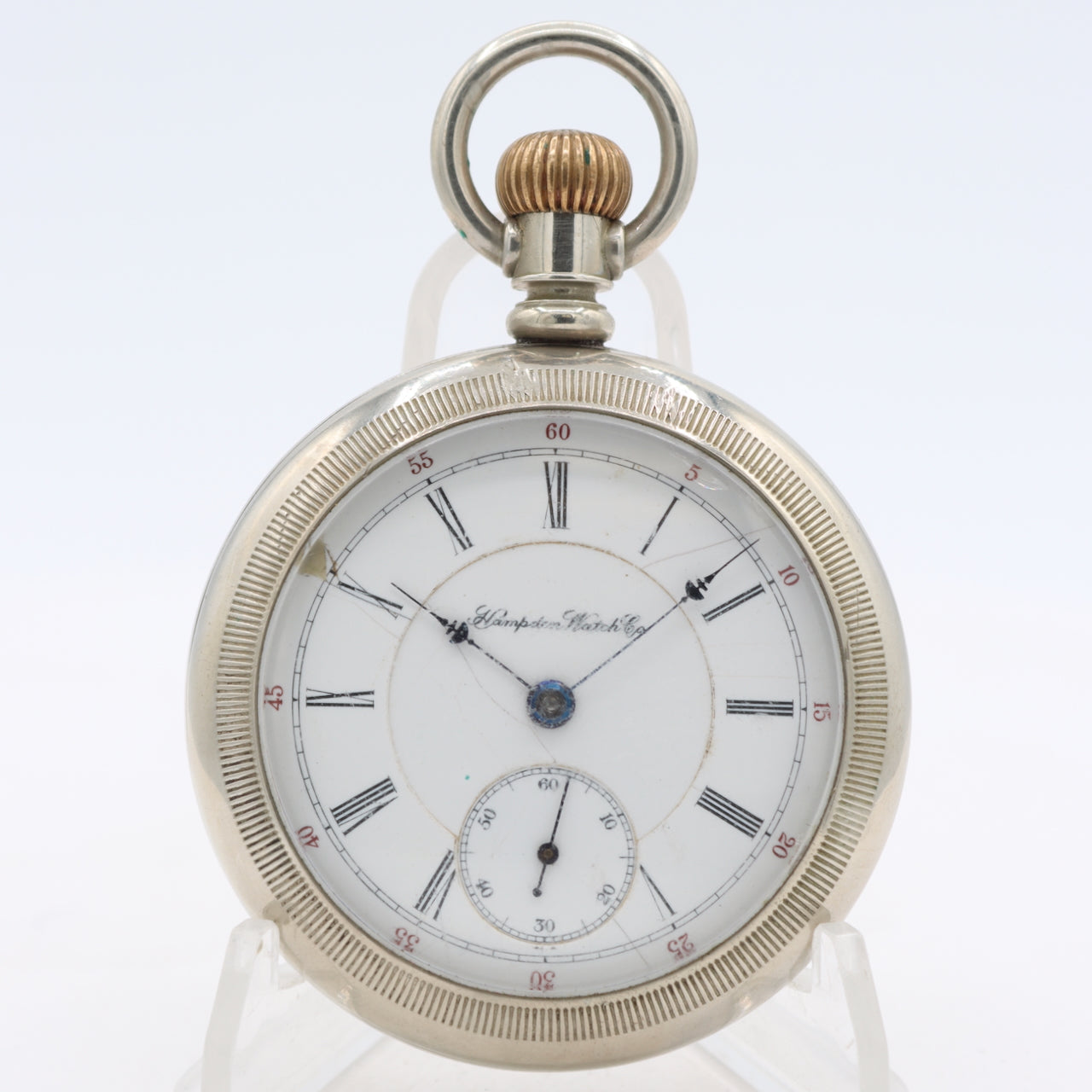 Antique 1894 Hampden Mechanical Railroad Pocket Watch No. 69 Silverine USA