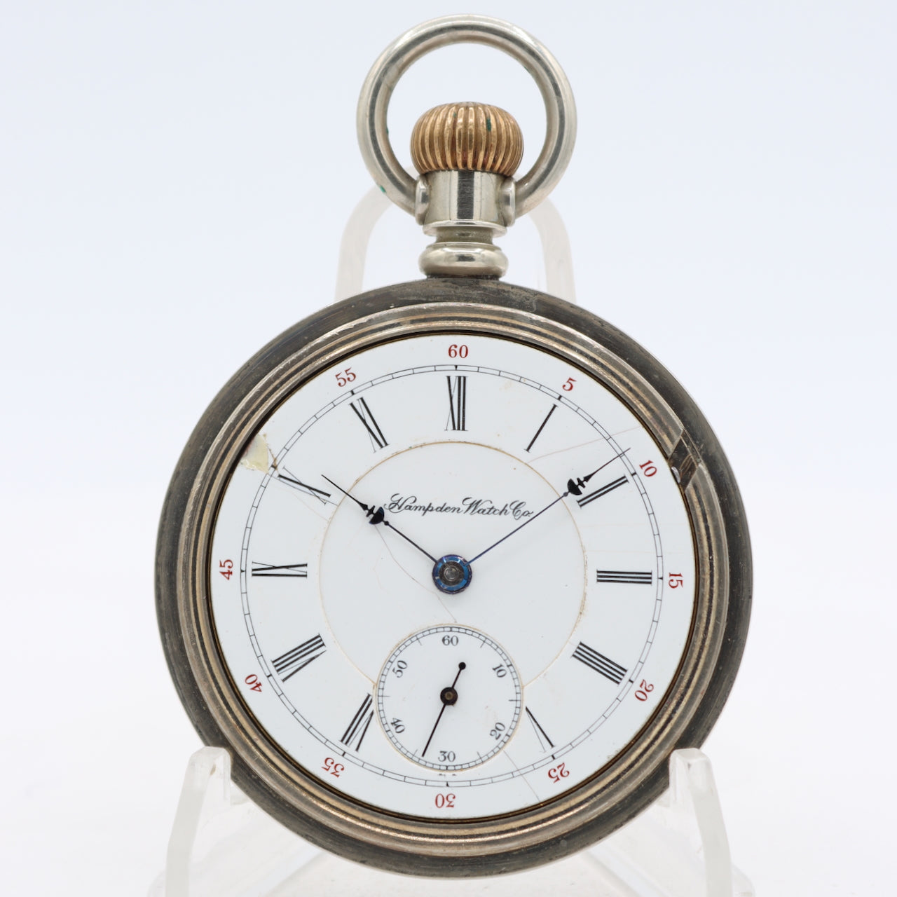 Antique 1894 Hampden Mechanical Railroad Pocket Watch No. 69 Silverine USA