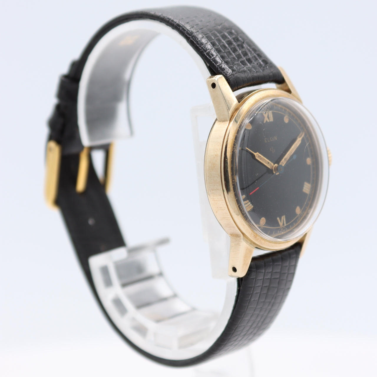 Vintage 1947 Elgin 6619 Black Men's Mechanical Wristwatch 539 10k Gold Bezel