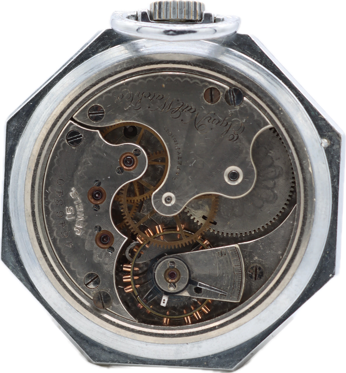 Antique Elgin Octagon Mechanical Pocket Watch Grade 121 Chrome Plated Pinstripe