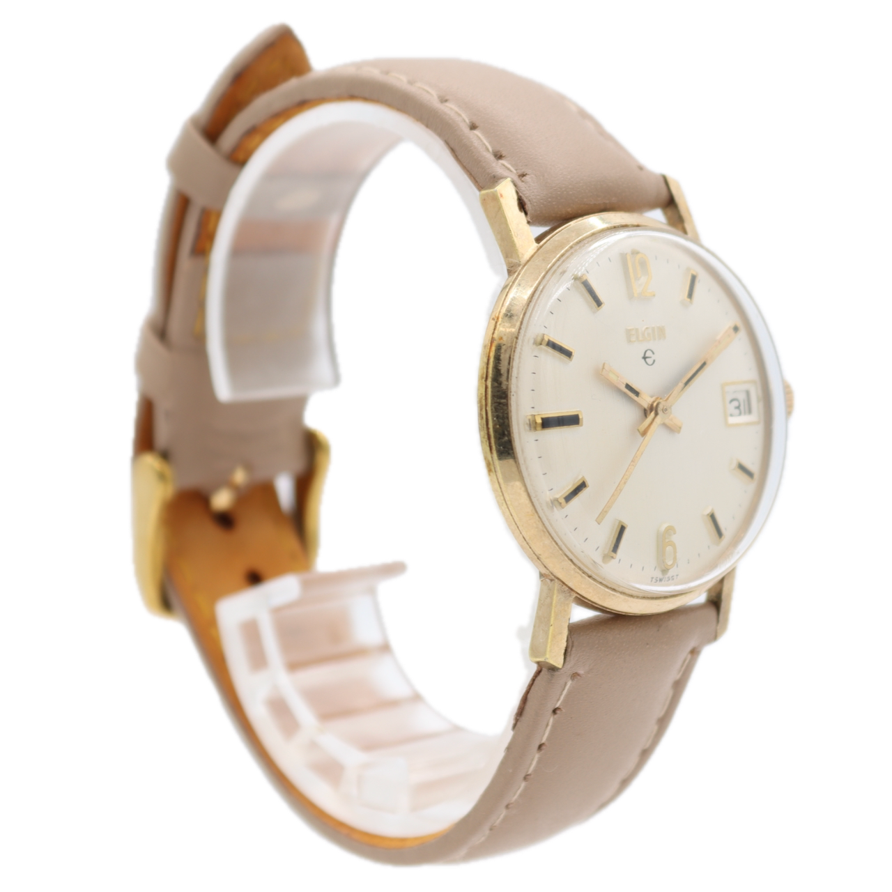 Vintage 32.5mm Elgin Pinstripe Date Men's Mechanical Wristwatch Swiss Two Tone