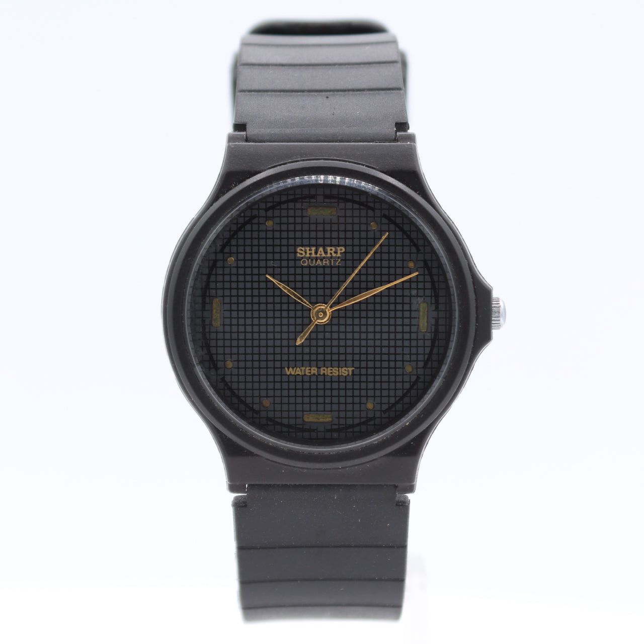 Vintage 34mm Sharp Black Dial Men's Quartz Wristwatch Japan PVD Coated Runs