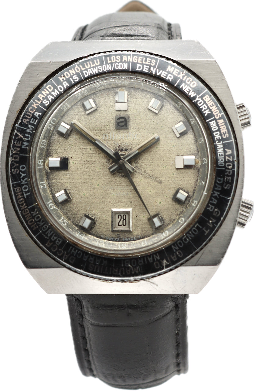 Vintage Atlantic Travelmate World Time Men's Mechanical Alarm Wristwatch Steel