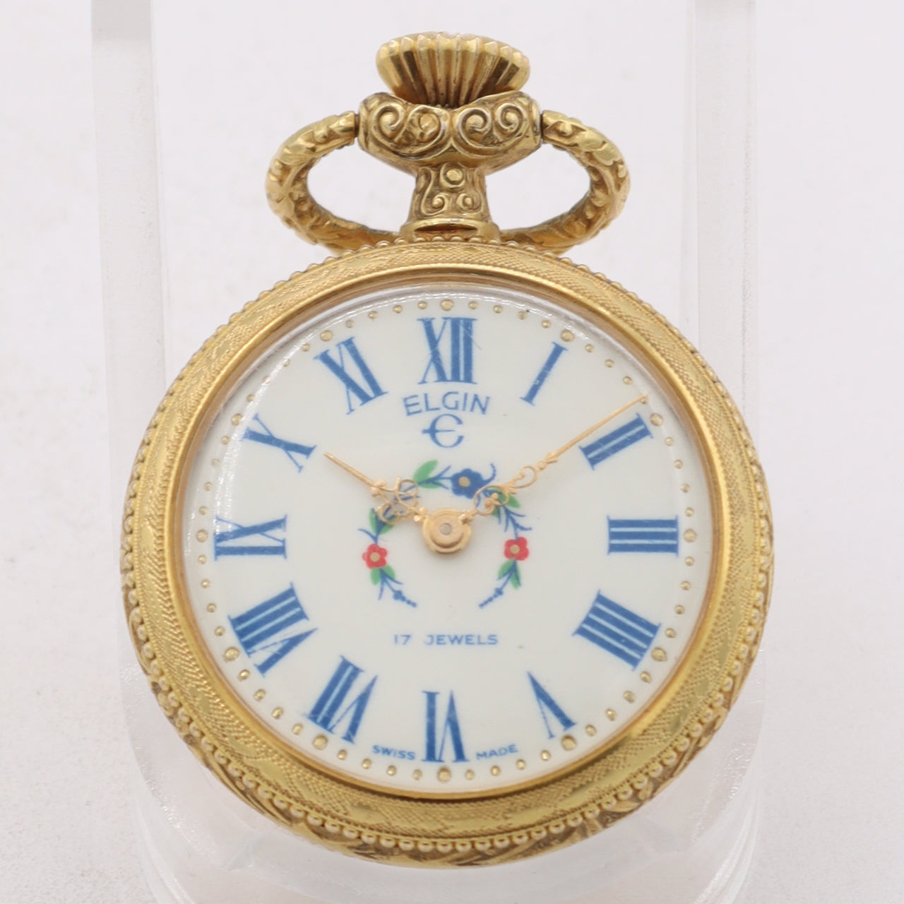 Vintage 7s Elgin Elegant Moon Mechanical Pocket Watch Floral Gold Tone Swiss