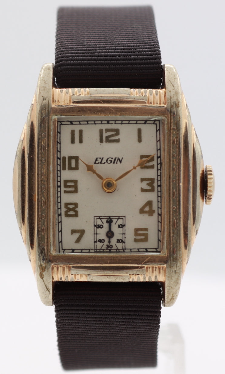 Vintage 1933 Elgin Art Deco Men's Mechanical Wristwatch 487 USA Gold Tone