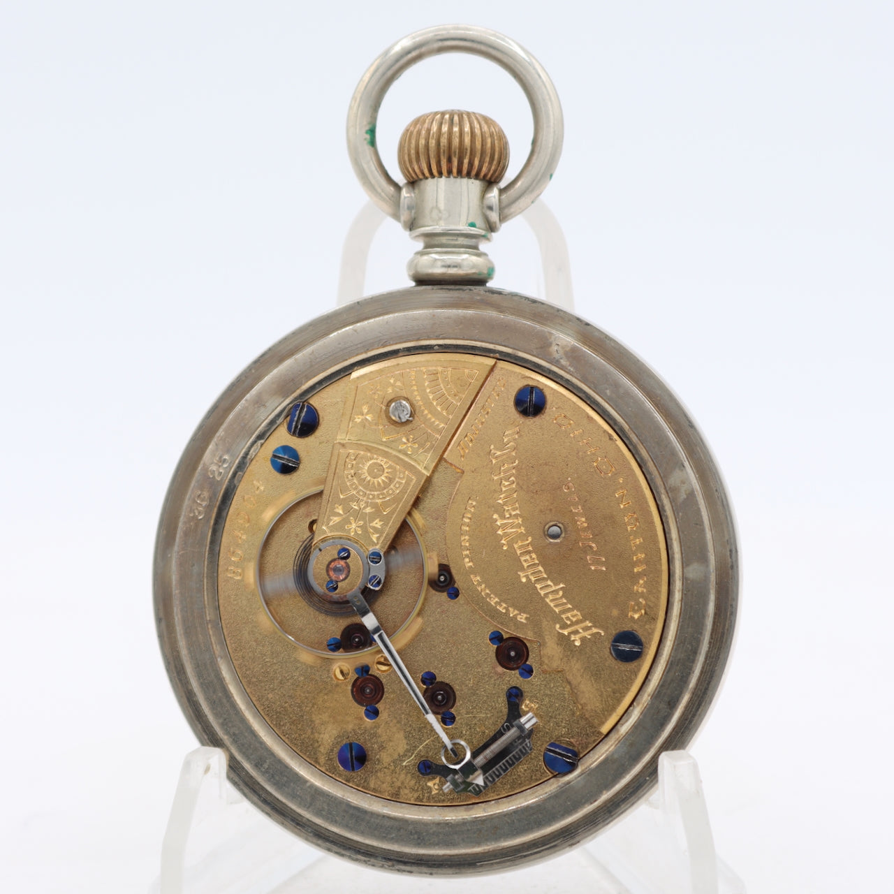 Antique 1894 Hampden Mechanical Railroad Pocket Watch No. 69 Silverine USA