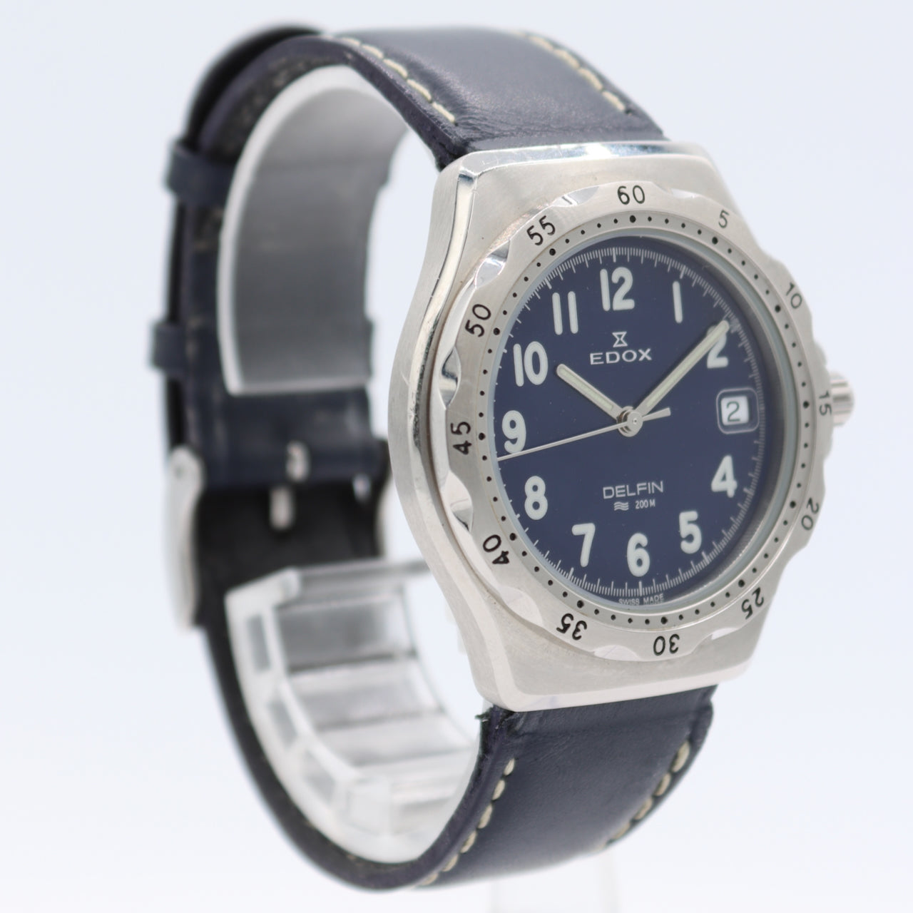 37mm Edox 70080 Delfin 200M Date Men's Quartz Wristwatch Swiss Steel Blue Dial