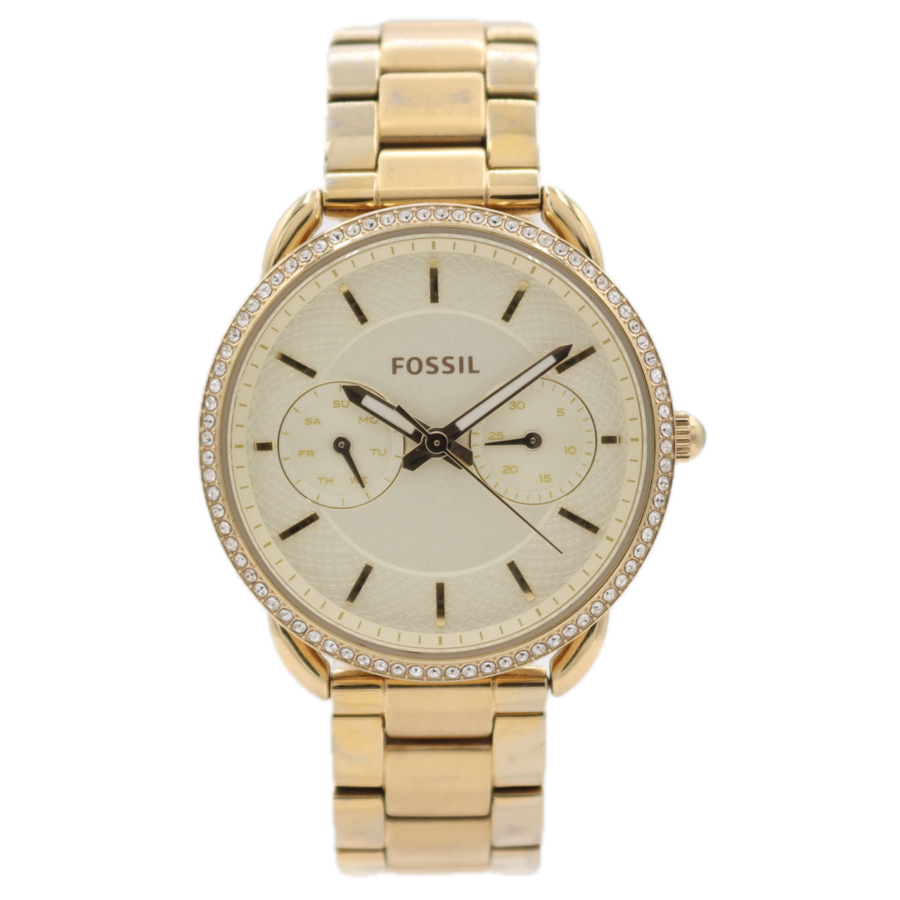 34mm Fossil ES4263 Tailor Gold Ladies Quartz Wristwatch Gold Tone Crystal Bezel