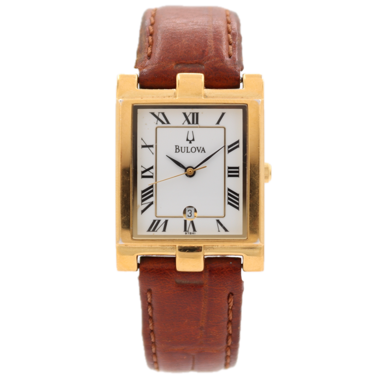 Vintage 26mm 1974 Bulova 97B41 Tank Men's Quartz Wristwatch Gold Plated Roman