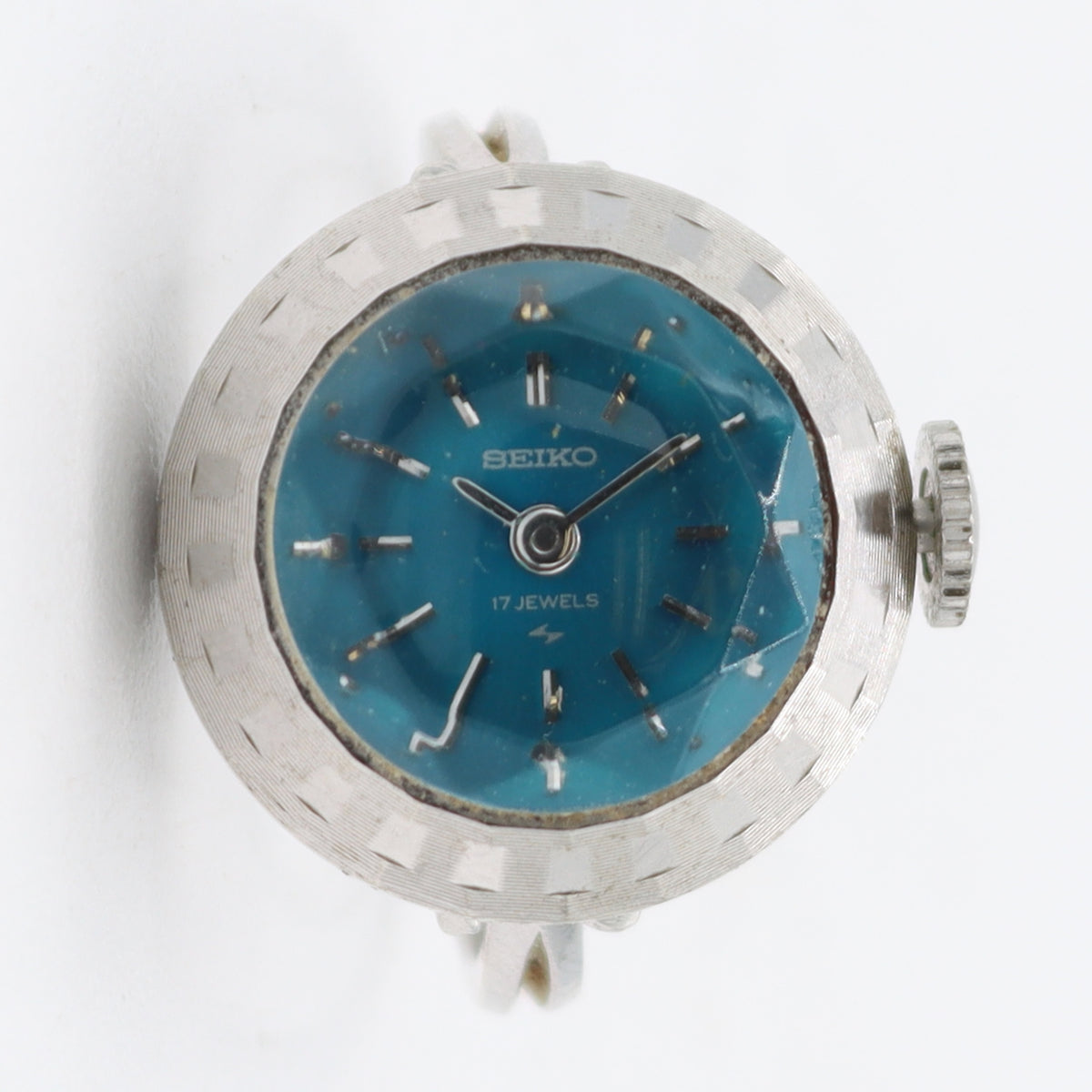 Vintage Seiko Blue Dial Ladies Mechanical Ring Watch Japan White Gold Plated