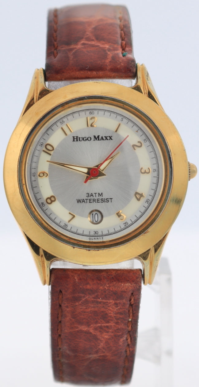 Vintage Hugo Maxx Sunburst Date Ladies Quartz Wristwatch Steel & 18kt Gold Plate