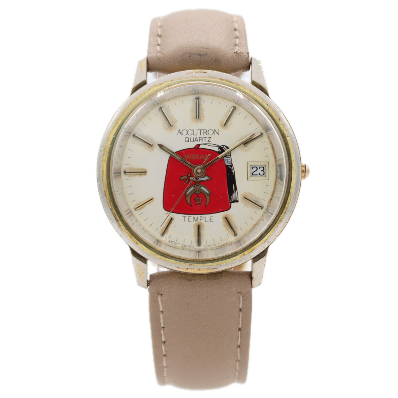 1989 Accutron 92572T Midian Temple Men's Quartz Wristwatch Swiss Gold Tone Date