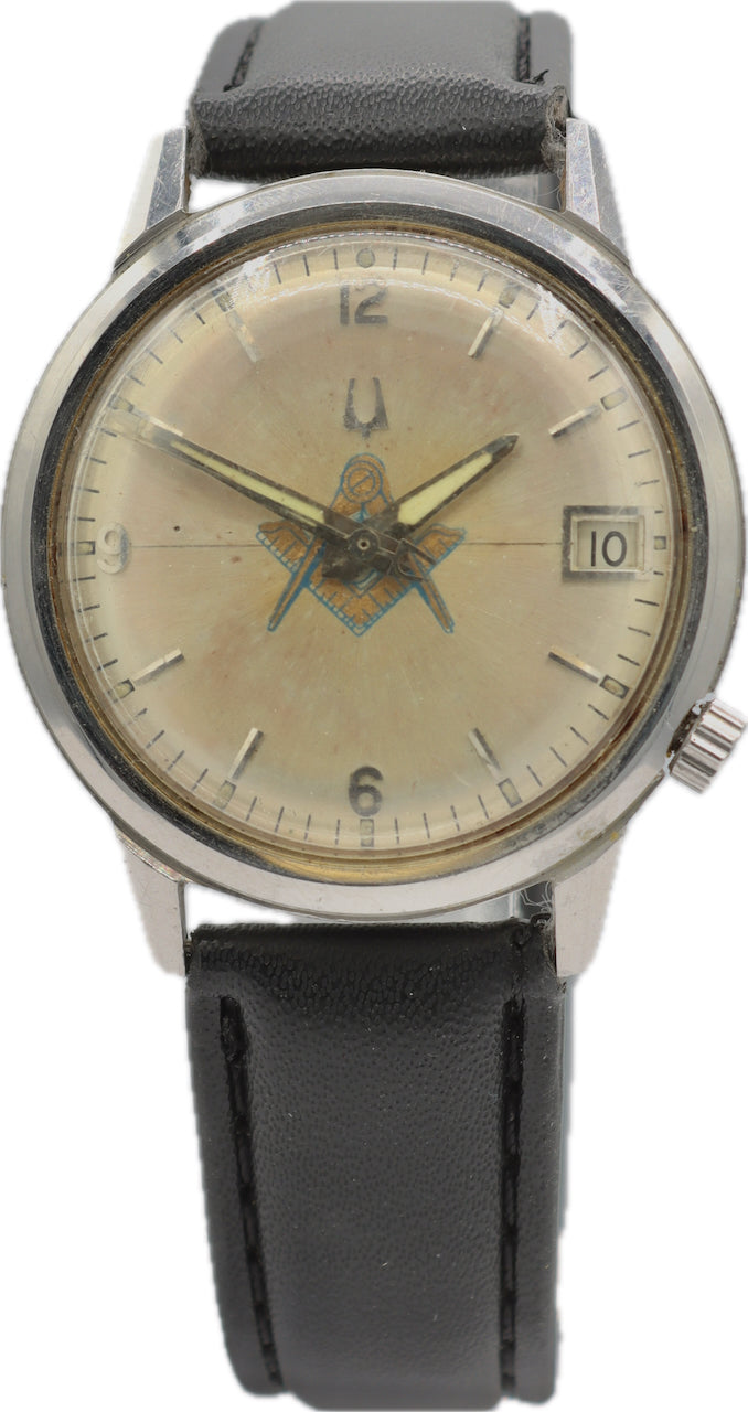 Vintage 34mm 1971 Accutron Masonic Dial Men's Tuning Fork Wristwatch 218 Steel