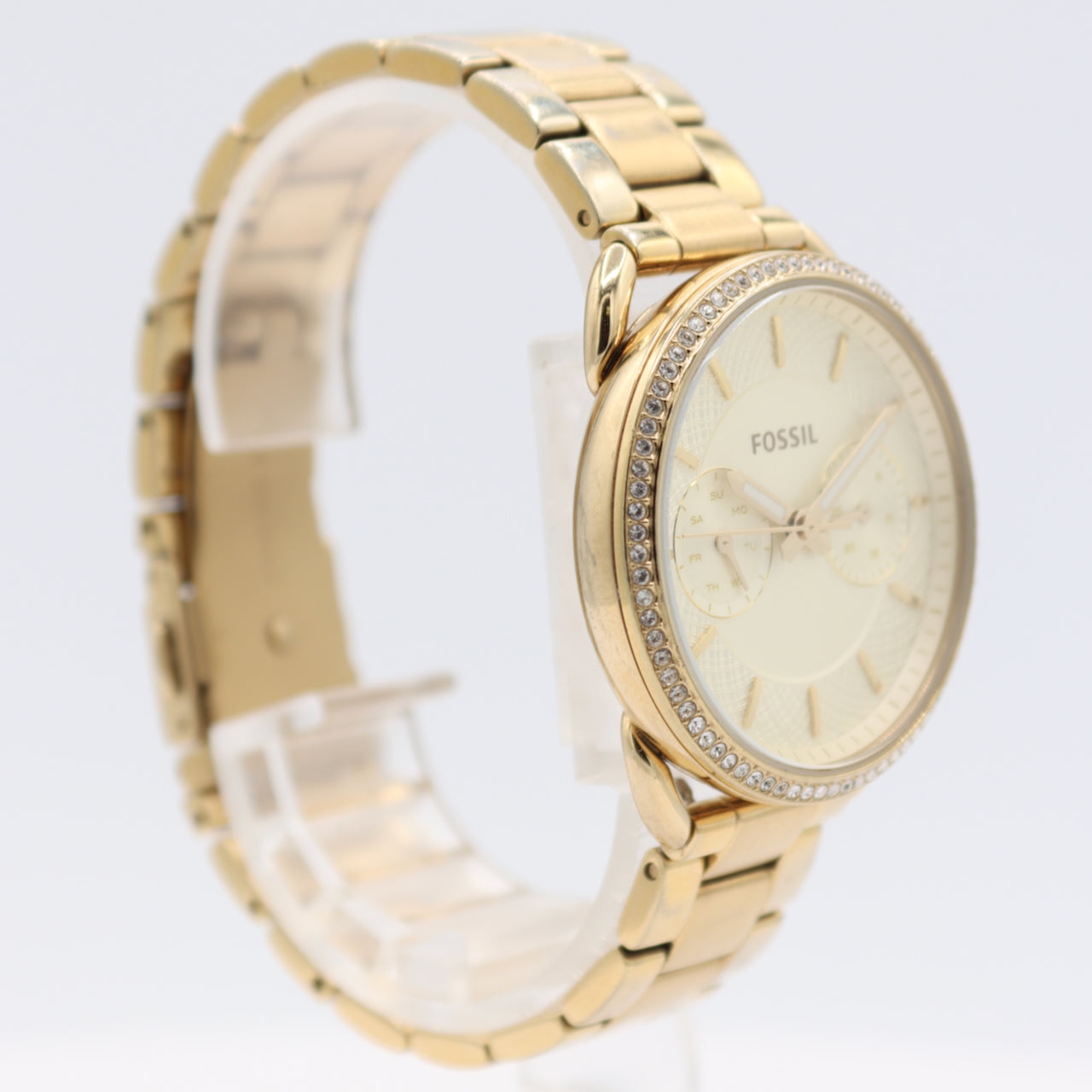 34mm Fossil ES4263 Tailor Gold Ladies Quartz Wristwatch Gold Tone Crystal Bezel