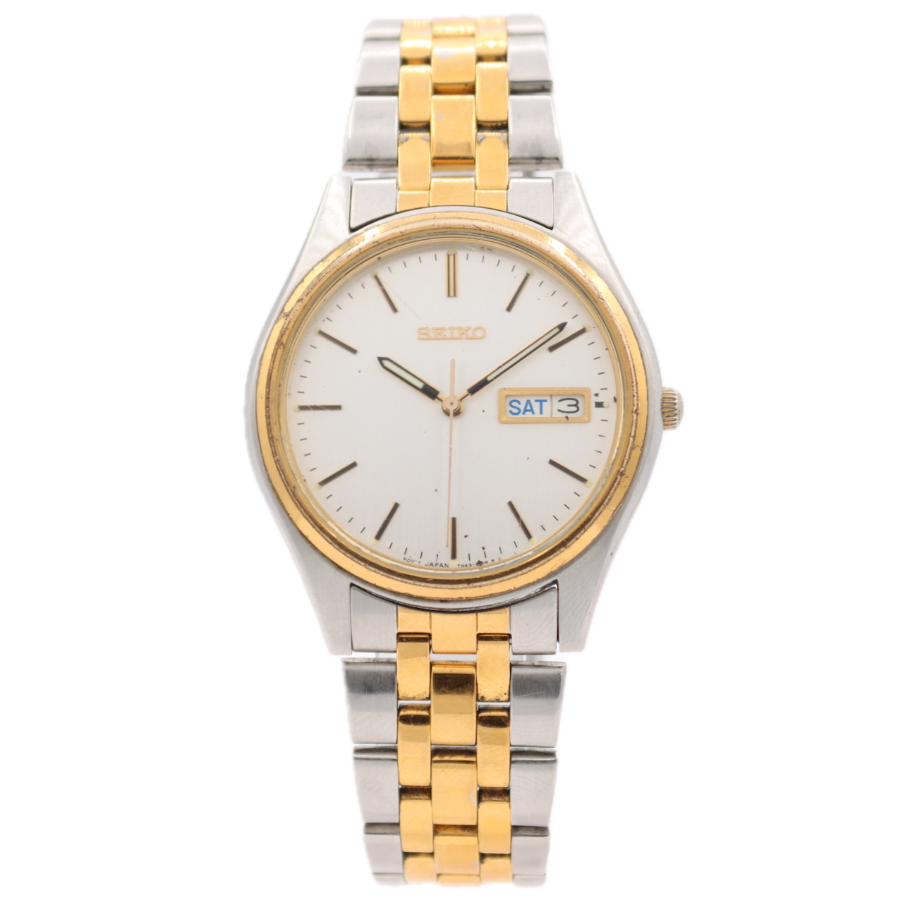 Vintage 37mm Seiko 7N43-9048 Day Date Men's Quartz Wristwatch Japan Silver Dial