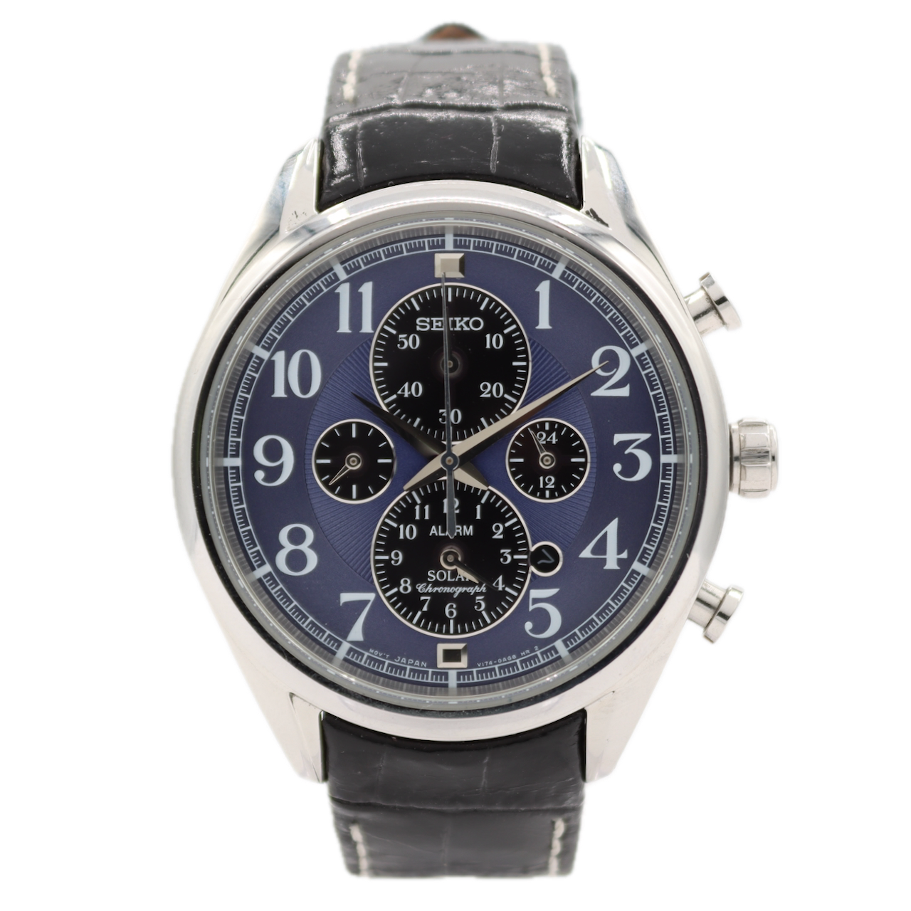 42mm Seiko V174-0AF0 Solar Chronograph Men's Quartz Wristwatch Steel Alarm